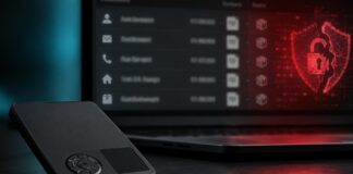 SafePal Hardware-Wallet vor einem Bildschirm mit Symbolen für ein Datenleck und kompromittierte Kundendaten