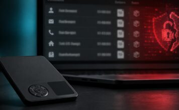 SafePal Hardware-Wallet vor einem Bildschirm mit Symbolen für ein Datenleck und kompromittierte Kundendaten