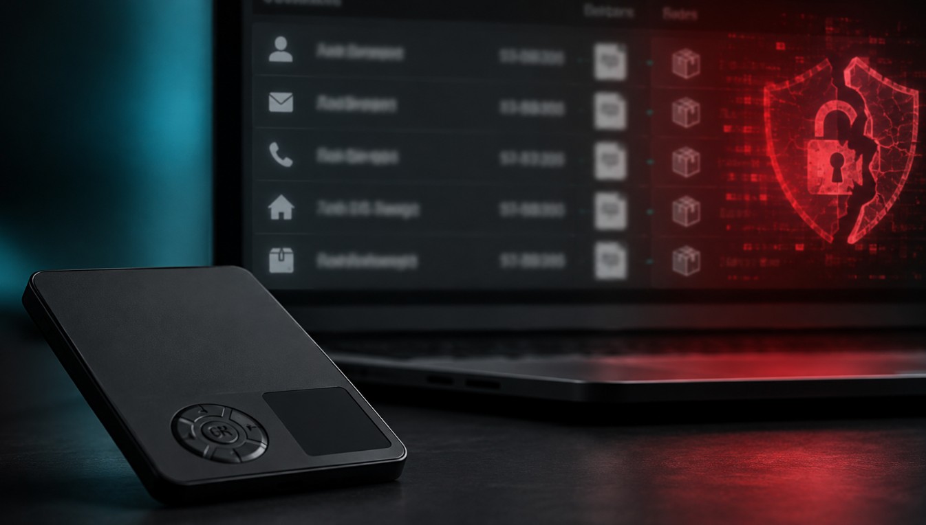 SafePal Hardware-Wallet vor einem Bildschirm mit Symbolen für ein Datenleck und kompromittierte Kundendaten