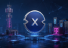 Die Deutsche Telekom setzt auf dieses unbekannte Krypto-Projekt XDC-Symbol vor Mobilfunkmast und Serverinfrastruktur mit Telekom-Logo