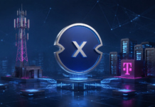 Die Deutsche Telekom setzt auf dieses unbekannte Krypto-Projekt XDC-Symbol vor Mobilfunkmast und Serverinfrastruktur mit Telekom-Logo