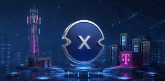 Die Deutsche Telekom setzt auf dieses unbekannte Krypto-Projekt XDC-Symbol vor Mobilfunkmast und Serverinfrastruktur mit Telekom-Logo