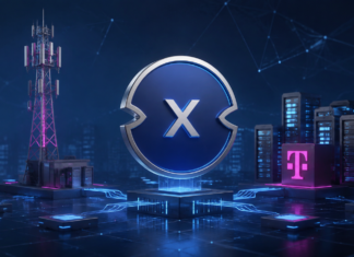 XDC-Symbol vor Mobilfunkmast und Serverinfrastruktur mit Telekom-Logo
