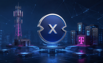 Die Deutsche Telekom setzt auf dieses unbekannte Krypto-Projekt XDC-Symbol vor Mobilfunkmast und Serverinfrastruktur mit Telekom-Logo