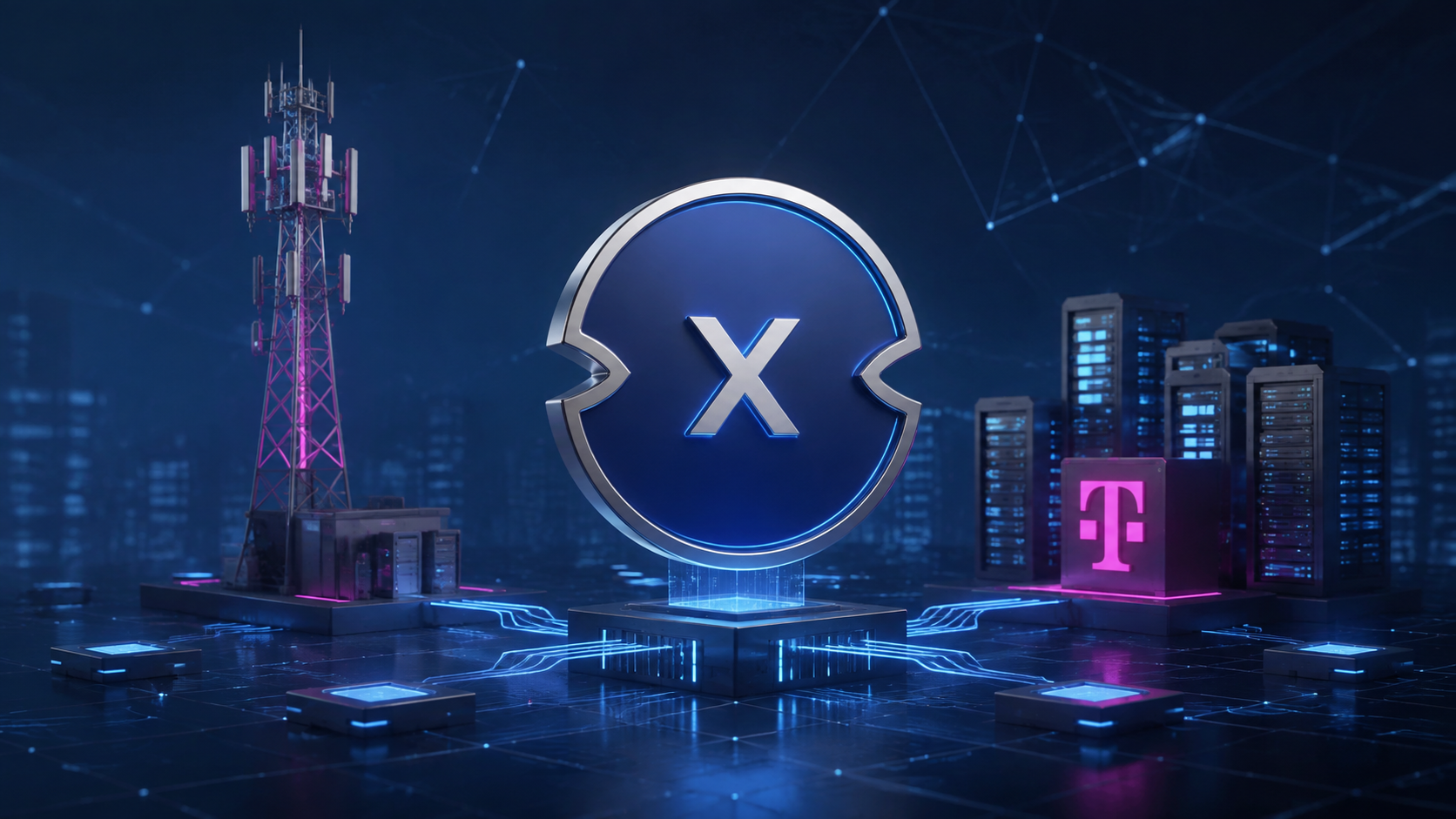 XDC-Symbol vor Mobilfunkmast und Serverinfrastruktur mit Telekom-Logo