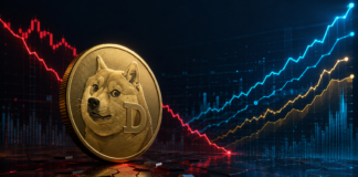 Dogecoin-Münze vor einem fallenden Kurschart und steigenden Futures-Positionen