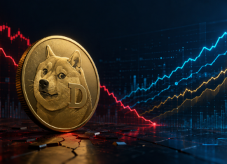 Dogecoin-Münze vor einem fallenden Kurschart und steigenden Futures-Positionen