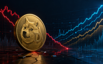 Dogecoin-Münze vor einem fallenden Kurschart und steigenden Futures-Positionen