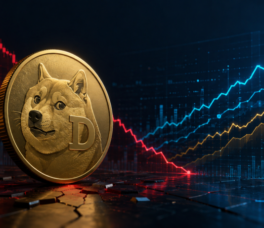 Dogecoin-Münze vor einem fallenden Kurschart und steigenden Futures-Positionen