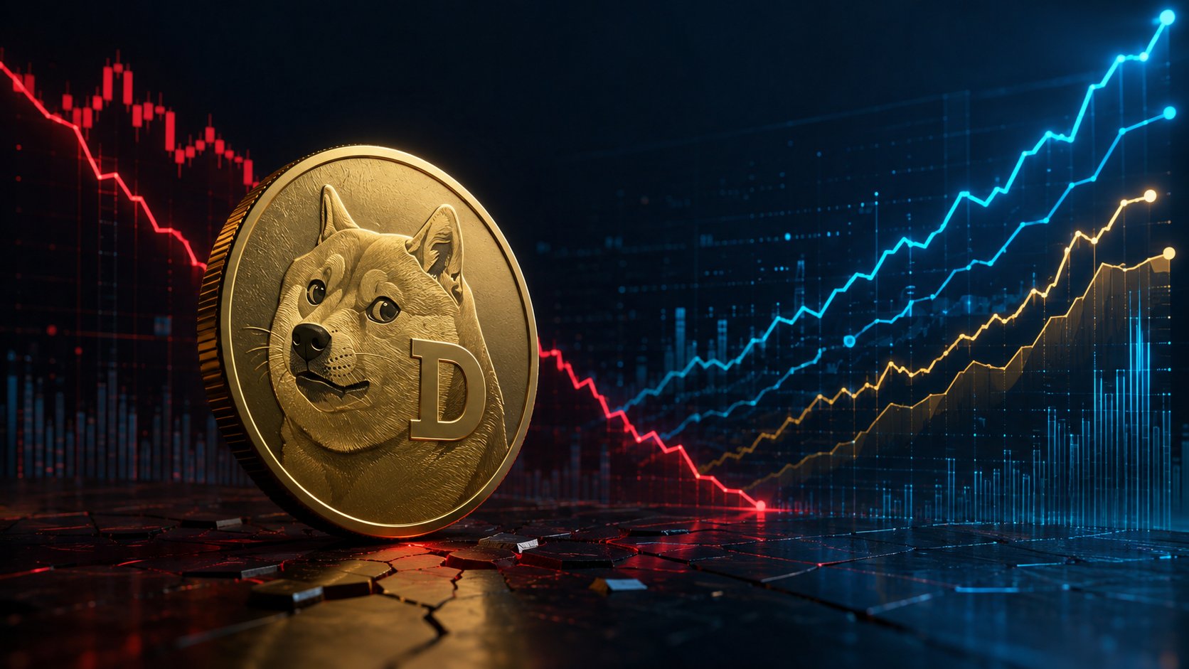 Dogecoin-Münze vor einem fallenden Kurschart und steigenden Futures-Positionen