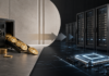 Illustration eines Strategiewechsels: Dogecoin-Münzen fließen aus einem Tresor in Richtung Serverracks und Chip, als Symbol für CleanCores Wechsel von Krypto-Reserven zu KI-Infrastruktur.