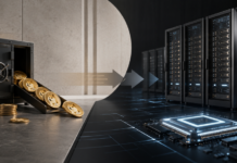 Illustration eines Strategiewechsels: Dogecoin-Münzen fließen aus einem Tresor in Richtung Serverracks und Chip, als Symbol für CleanCores Wechsel von Krypto-Reserven zu KI-Infrastruktur.