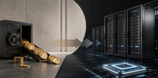 CleanCore verkauft komplette Dogecoin-Reserve in Millionenhöhe Illustration eines Strategiewechsels: Dogecoin-Münzen fließen aus einem Tresor in Richtung Serverracks und Chip, als Symbol für CleanCores Wechsel von Krypto-Reserven zu KI-Infrastruktur.