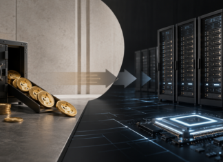Illustration eines Strategiewechsels: Dogecoin-Münzen fließen aus einem Tresor in Richtung Serverracks und Chip, als Symbol für CleanCores Wechsel von Krypto-Reserven zu KI-Infrastruktur.