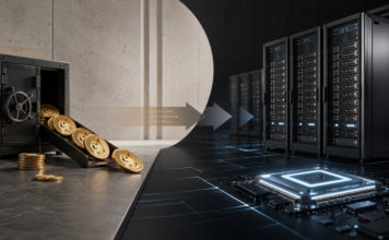 Illustration eines Strategiewechsels: Dogecoin-Münzen fließen aus einem Tresor in Richtung Serverracks und Chip, als Symbol für CleanCores Wechsel von Krypto-Reserven zu KI-Infrastruktur.
