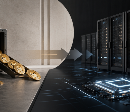Illustration eines Strategiewechsels: Dogecoin-Münzen fließen aus einem Tresor in Richtung Serverracks und Chip, als Symbol für CleanCores Wechsel von Krypto-Reserven zu KI-Infrastruktur.