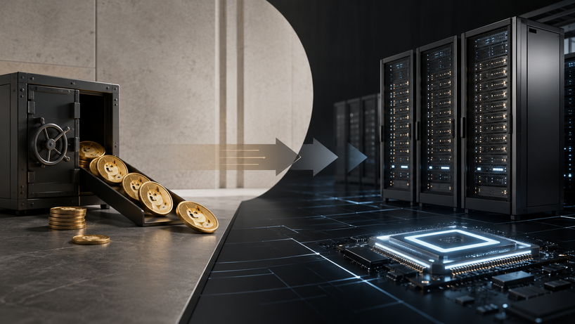 Illustration eines Strategiewechsels: Dogecoin-Münzen fließen aus einem Tresor in Richtung Serverracks und Chip, als Symbol für CleanCores Wechsel von Krypto-Reserven zu KI-Infrastruktur.