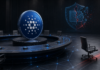 Cardano-Münze an einem Governance-Tisch mit leerem Stuhl und beschädigtem Wallet-Symbol
