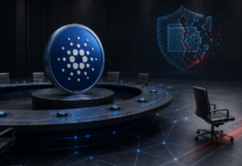 Cardano-Governance vor Umbruch: EMURGO gibt zentrale Rollen auf Cardano-Münze an einem Governance-Tisch mit leerem Stuhl und beschädigtem Wallet-Symbol