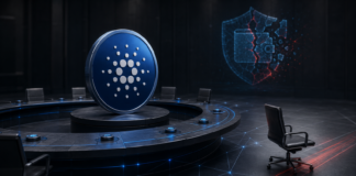 Cardano-Governance vor Umbruch: EMURGO gibt zentrale Rollen auf Cardano-Münze an einem Governance-Tisch mit leerem Stuhl und beschädigtem Wallet-Symbol