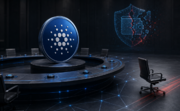 Cardano-Governance vor Umbruch: EMURGO gibt zentrale Rollen auf Cardano-Münze an einem Governance-Tisch mit leerem Stuhl und beschädigtem Wallet-Symbol