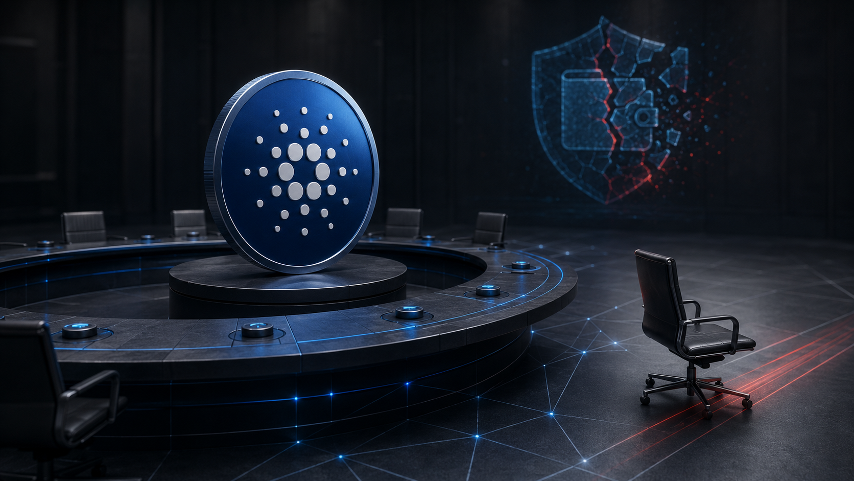 Cardano-Münze an einem Governance-Tisch mit leerem Stuhl und beschädigtem Wallet-Symbol