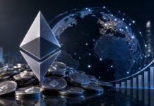 BitMine kauft 7.391 ETH und hält jetzt 5,8 Millionen Ether Alt-Tag: Ethereum-Münzen mit ETH-Logo, globalem Netzwerk und steigendem Kursdiagramm