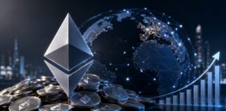 BitMine kauft 7.391 ETH und hält jetzt 5,8 Millionen Ether Alt-Tag: Ethereum-Münzen mit ETH-Logo, globalem Netzwerk und steigendem Kursdiagramm