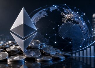 BitMine kauft 7.391 ETH und hält jetzt 5,8 Millionen Ether Alt-Tag: Ethereum-Münzen mit ETH-Logo, globalem Netzwerk und steigendem Kursdiagramm