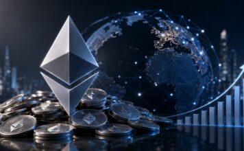BitMine kauft 7.391 ETH und hält jetzt 5,8 Millionen Ether Alt-Tag: Ethereum-Münzen mit ETH-Logo, globalem Netzwerk und steigendem Kursdiagramm