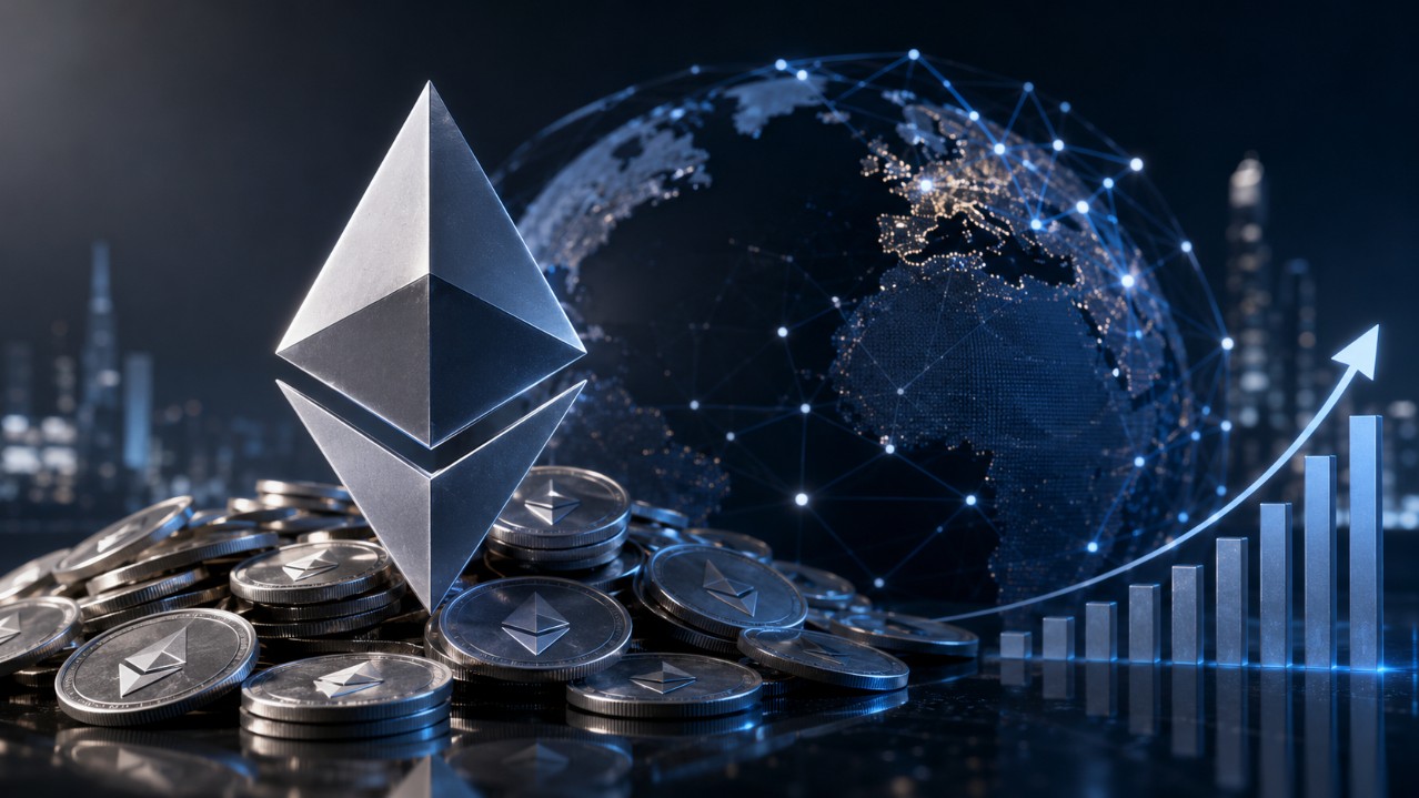 Alt-Tag: Ethereum-Münzen mit ETH-Logo, globalem Netzwerk und steigendem Kursdiagramm