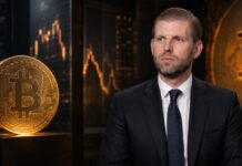 Eric Trump vor Bitcoin-Symbolen und Finanzcharts in einem Krypto-Interview-Setting