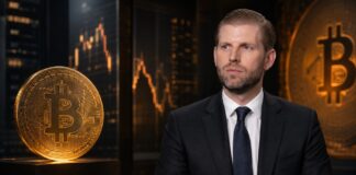 Eric Trump vor Bitcoin-Symbolen und Finanzcharts in einem Krypto-Interview-Setting
