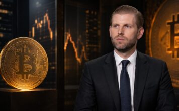 Eric Trump vor Bitcoin-Symbolen und Finanzcharts in einem Krypto-Interview-Setting