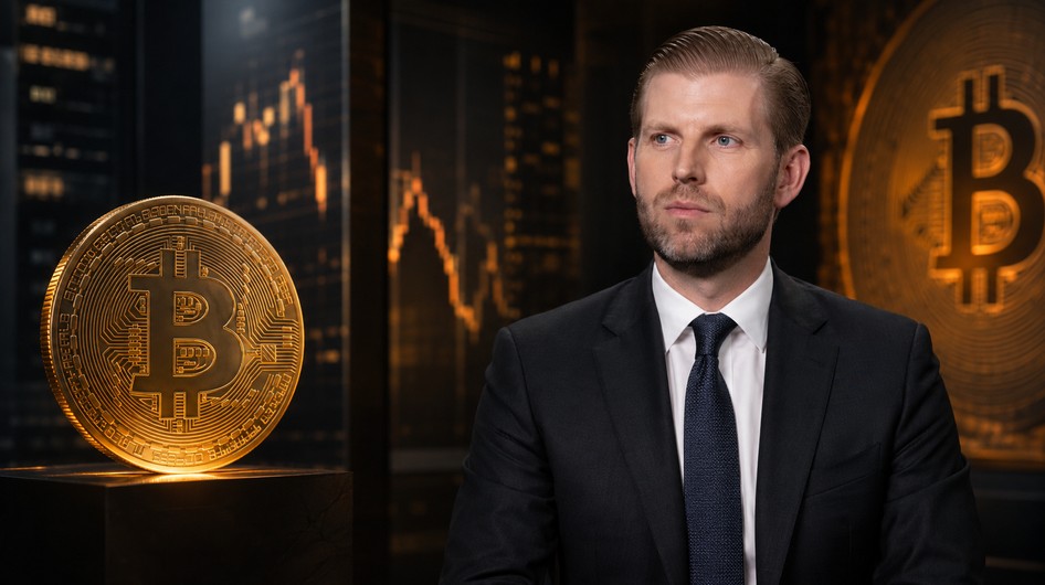 Eric Trump vor Bitcoin-Symbolen und Finanzcharts in einem Krypto-Interview-Setting