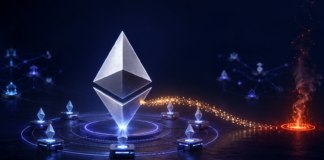 Ethereum-Symbol mit Validatoren, während neu ausgegebene Staking-Belohnungen verbrannt werden