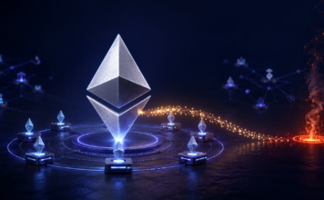 Ethereum-Symbol mit Validatoren, während neu ausgegebene Staking-Belohnungen verbrannt werden