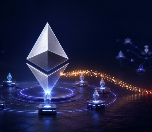 Ethereum-Symbol mit Validatoren, während neu ausgegebene Staking-Belohnungen verbrannt werden