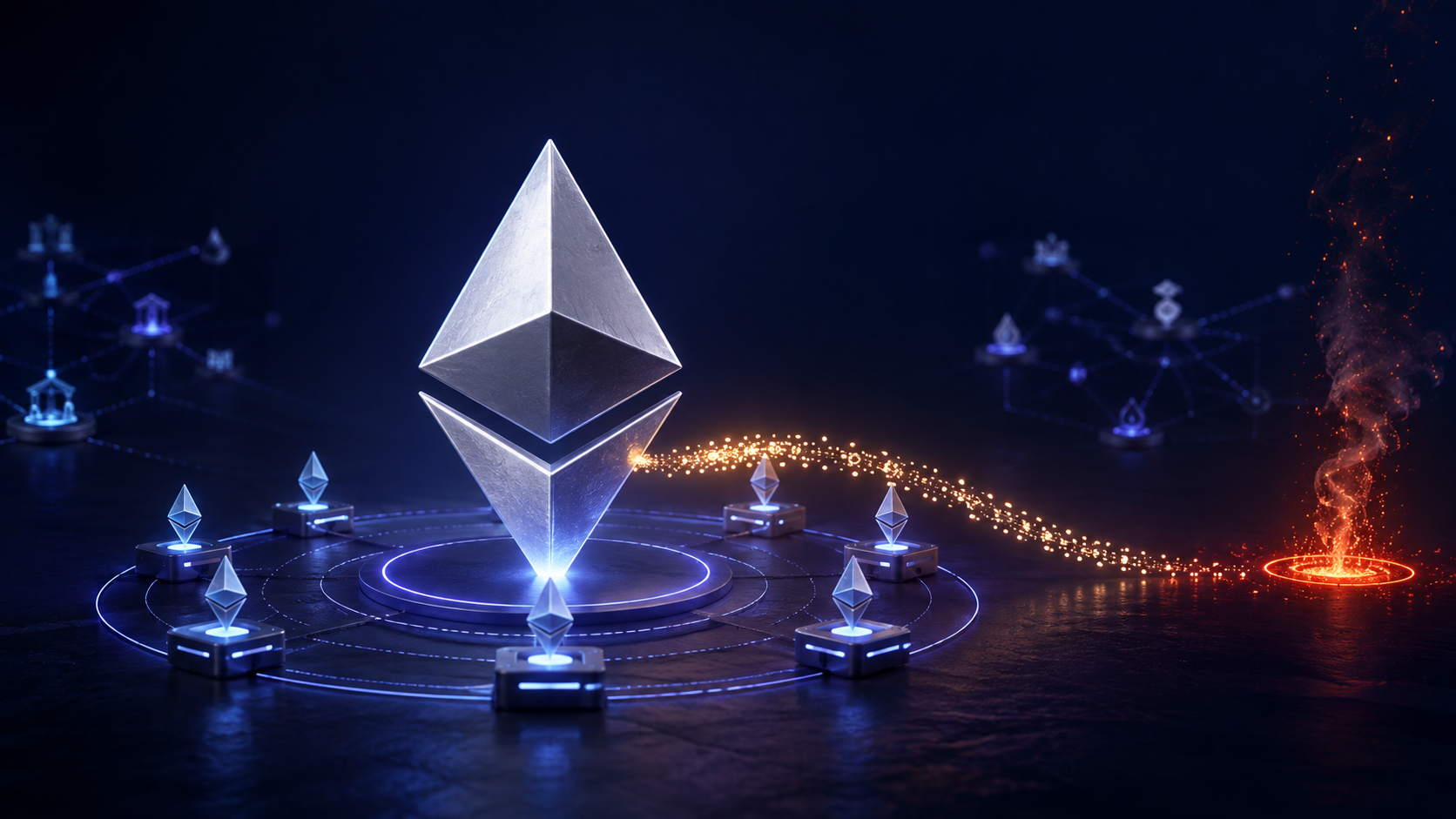 Ethereum-Symbol mit Validatoren, während neu ausgegebene Staking-Belohnungen verbrannt werden