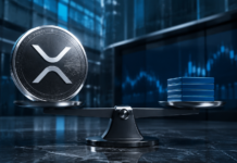 XRP-Münze und Aktienblöcke auf einer Waage vor digitalen Börsencharts