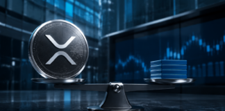 Evernorth passt Börsengang an: XRP-Kurs wird zum entscheidenden Faktor XRP-Münze und Aktienblöcke auf einer Waage vor digitalen Börsencharts
