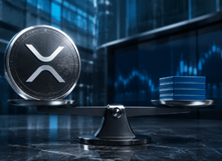XRP-Münze und Aktienblöcke auf einer Waage vor digitalen Börsencharts