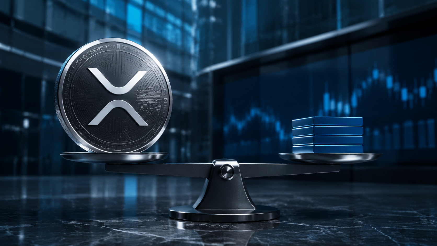 XRP-Münze und Aktienblöcke auf einer Waage vor digitalen Börsencharts
