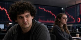 Sam Bankman-Fried und Caroline Ellison vor fallenden Krypto-Kurscharts als Symbol für den FTX-Zusammenbruch