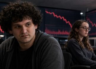 Sam Bankman-Fried und Caroline Ellison vor fallenden Krypto-Kurscharts als Symbol für den FTX-Zusammenbruch