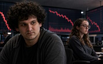 Sam Bankman-Fried und Caroline Ellison vor fallenden Krypto-Kurscharts als Symbol für den FTX-Zusammenbruch