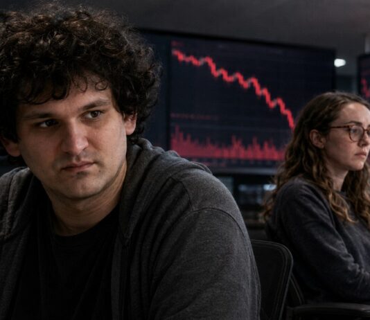 Sam Bankman-Fried und Caroline Ellison vor fallenden Krypto-Kurscharts als Symbol für den FTX-Zusammenbruch