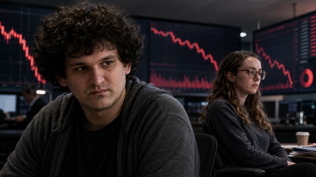 Sam Bankman-Fried und Caroline Ellison vor fallenden Krypto-Kurscharts als Symbol für den FTX-Zusammenbruch
