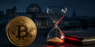 Bitcoin, Sanduhr und Bundestag zur geplanten Abschaffung der Krypto-Haltefrist