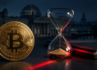 Bitcoin, Sanduhr und Bundestag zur geplanten Abschaffung der Krypto-Haltefrist
